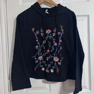 Index Embroidered Floral Hoodie Black Pullover Boho Sweatshirt Women M